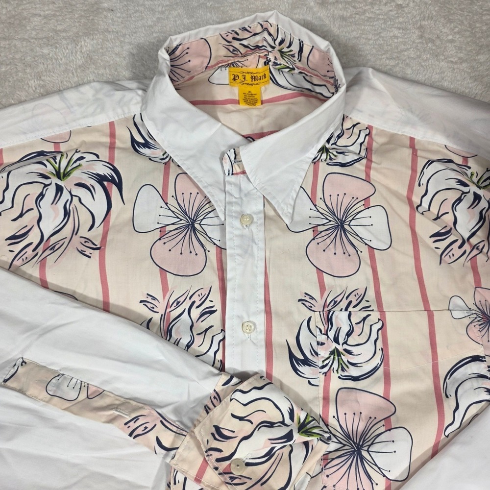 P.J. Mark Button Down Shirt Mens XL Pink White Floral Statement Striped Graphic